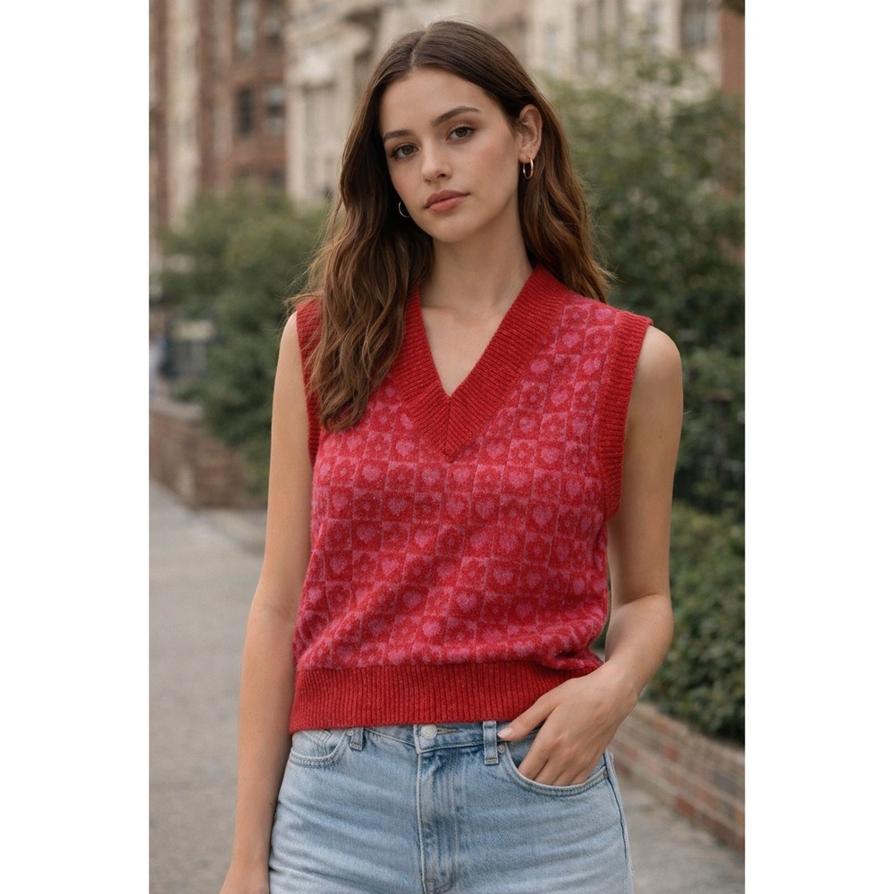 Freshman 1996 Red Heart Pattern V Neck Sleeveless Sweater Vest Women's Size S